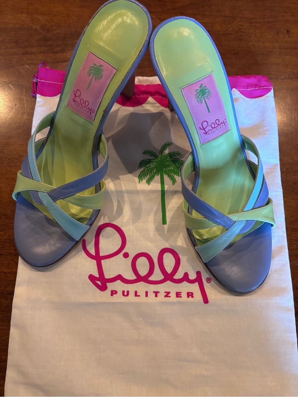 Lilly Pulitzer Pastel Green, Lavender & light blue Crisscross Heeled Sandals